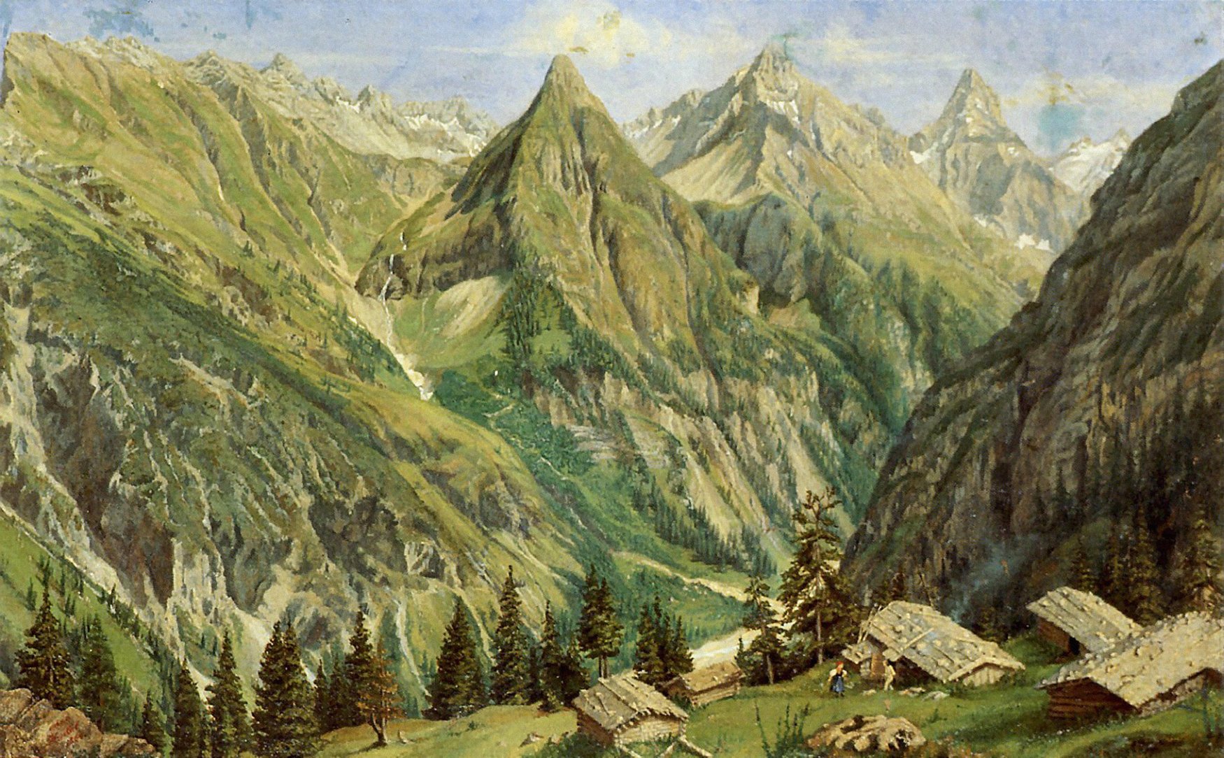 Alpe Sax über Madau mit Blick auf Seekogel, Seeköpfe & Parseier - Anna Knittel, Öl auf Leinwand, 1864